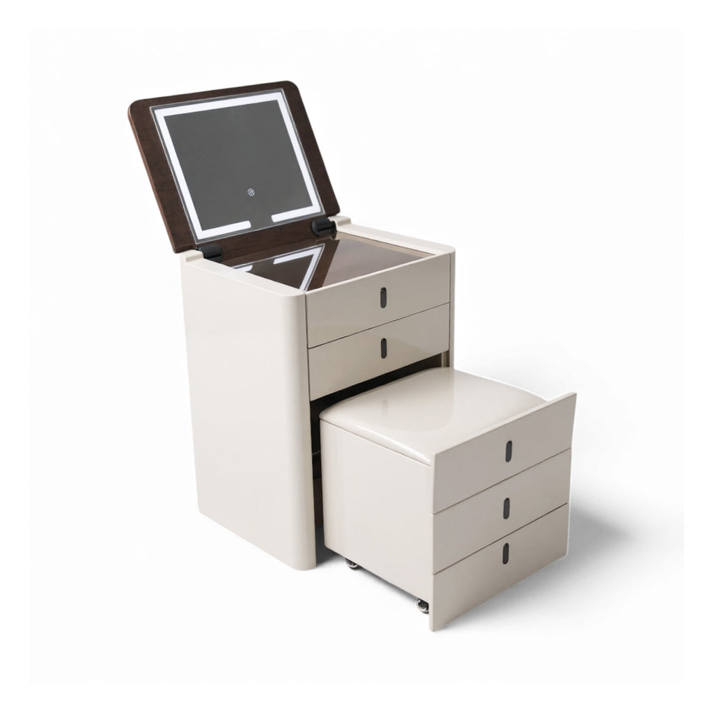 Table multifonctionnelle : miroir avec éclairage LED, tiroirs et compartiment secret