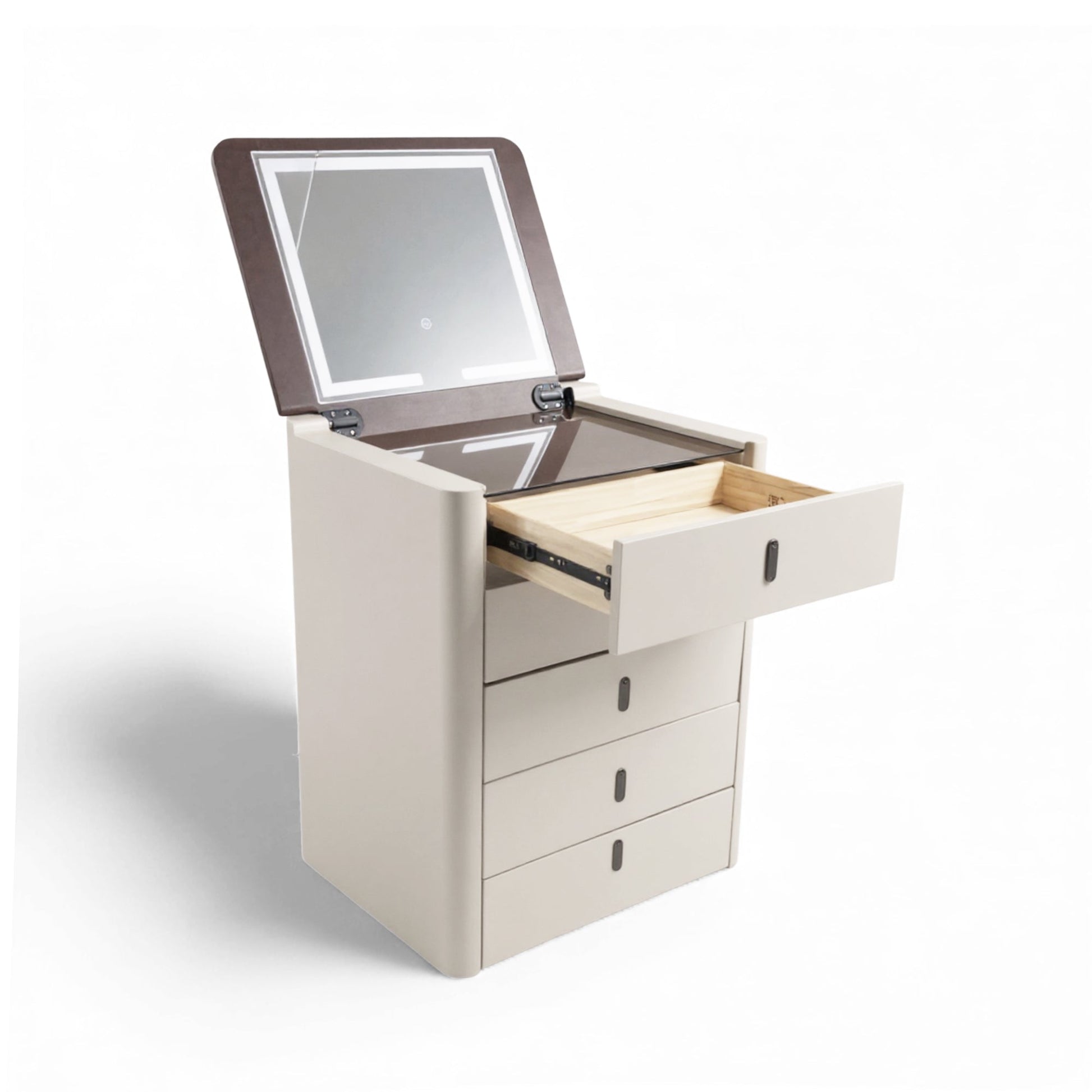 Table multifonctionnelle : miroir avec éclairage LED, tiroirs et compartiment secret