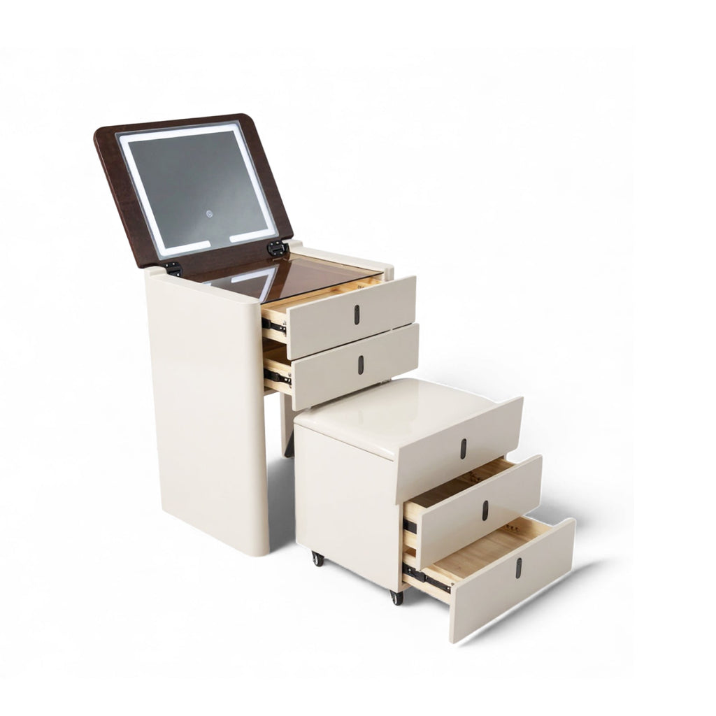 Table multifonctionnelle : miroir avec éclairage LED, tiroirs et compartiment secret