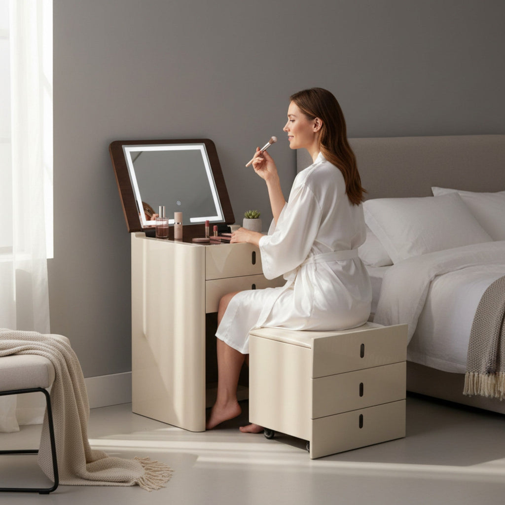 Table multifonctionnelle : miroir avec éclairage LED, tiroirs et compartiment secret